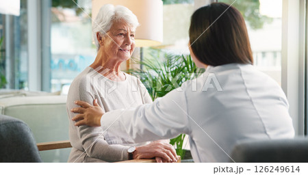 Empathy, doctor and senior patient with illness, checkup and support with healthcare, consulting and touch. Clinic, medical professional and care for elderly person with dementia, sick and diagnosis 126249614