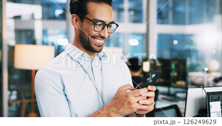 Business, coding and man in office, cellphone and software developer with digital app testing. Happy, employee and professional with smartphone, info tech and programmer with AI expert and connection 126249629
