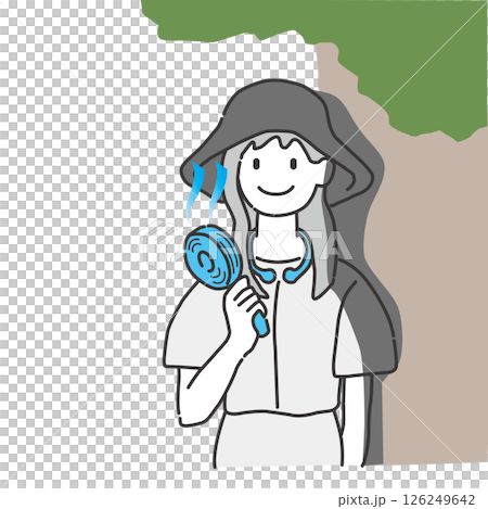 一名女子在樹蔭下用手持風扇乘涼 126249642