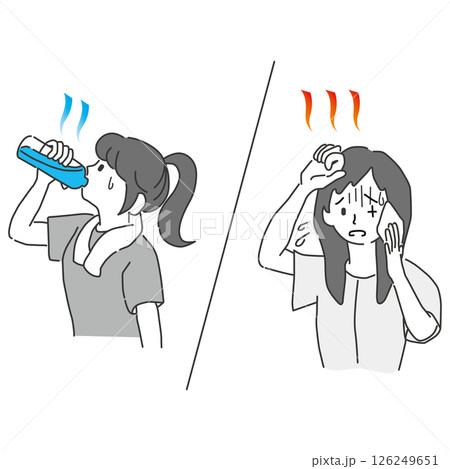 水分補給する女性と暑さで体調不良の女性 水分補給する女性と暑さで体調不良の女性 126249651