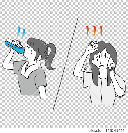 水分補給する女性と暑さで体調不良の女性 水分補給する女性と暑さで体調不良の女性 126249651