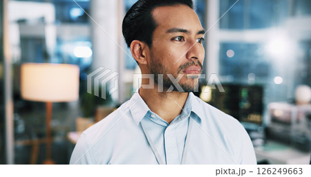Office, businessman and programmer at night for thinking, planning and solution for web development. Late, male person and developer with ideas for backend update, thoughts and software system for IT Office, businessman and programmer at night for thinking, planning and solution for web development. Late, male person and developer with ideas for backend update, thoughts and software system for IT 126249663