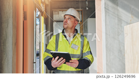 Man, tablet and contractor for inspection of construction, industrial planning and building renovation of development. Engineer, architect and project management with maintenance for infrastructure Man, tablet and contractor for inspection of construction, industrial planning and building renovation of development. Engineer, architect and project management with maintenance for infrastructure 126249696