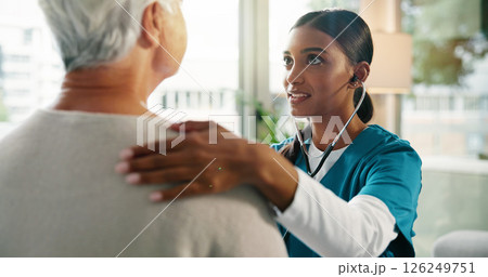 Senior patient, nurse and stethoscope with heart beat in consultation for hospital checkup, chest exam or lung test. Healthcare, professional and woman with tool to monitor BPM at medical appointment Senior patient, nurse and stethoscope with heart beat in consultation for hospital checkup, chest exam or lung test. Healthcare, professional and woman with tool to monitor BPM at medical appointment 126249751