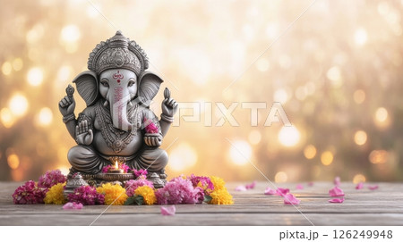 Ganesha statue decorated with flowers and diya, sitting on wooden surface with glowing bokeh background, symbolizing wisdom, prosperity and spiritual energy 126249948
