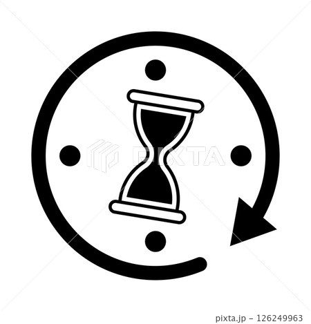 Hourglass Inside Circular Arrow Clock Icon Vector Illustration. Black and white vector illustration of a stylized clock icon with a circular arrow forming the outer frame. 126249963
