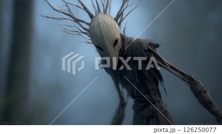 A hyper-realistic 3D render of Fiddlesticks, The Ancient Fear, emerging from the shadows with chilling precision. Generative AI	 A hyper-realistic 3D render of Fiddlesticks, The Ancient Fear, emerging from the shadows with chilling precision. Generative AI	 126250077
