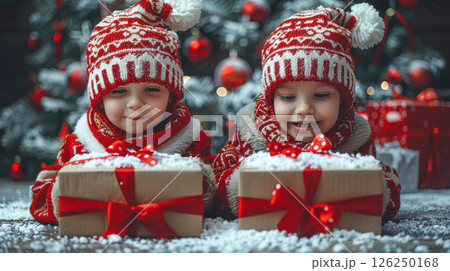 happy parents and children, friends celebrate Christmas and New Year 126250168
