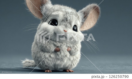 A stunning 3D rendering of a white chinchilla, captured in a full-body portrait against a minimalistic background. Generative AI	 126250790