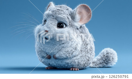 A stunning 3D rendering of a white chinchilla, captured in a full-body portrait against a minimalistic background. Generative AI	 126250791