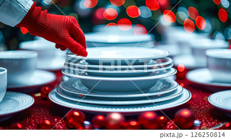 Still life served festive dinner table while Christmas lights glowing 126250814