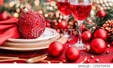 Still life served festive dinner table while Christmas lights glowing 126250830