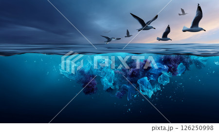Plastic trash in the ocean. Environmental pollution. sea is covered in plastic and dead sea creatures. global problem, threat ocean wildlife and calling for urgent action to protect the environment. 126250998