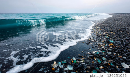 Plastic pollution of the ocean is an environmental problem. Dirty sea beach, garbage on seashore. A global problem, a threat to ocean wildlife and calling for urgent action to protect the environment. Plastic pollution of the ocean is an environmental problem. Dirty sea beach, garbage on seashore. A global problem, a threat to ocean wildlife and calling for urgent action to protect the environment. 126251023