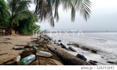 Plastic pollution of the ocean is an environmental problem. Dirty sea beach, garbage on seashore. A global problem, a threat to ocean wildlife and calling for urgent action to protect the environment. 126251041