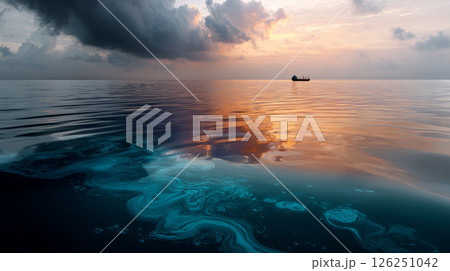 Oil leak from Ship , Oil spill pollution polluted water surface water pollution as a result of human activities. industrial chemical contamination, oil spill at sea, petroleum products. 126251042