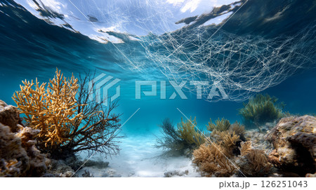 Plastic trash in the ocean. Environmental pollution. sea is covered in plastic and dead sea creatures. global problem, threat ocean wildlife and calling for urgent action to protect the environment. 126251043