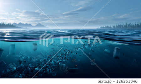Plastic trash in the ocean. Environmental pollution. sea is covered in plastic and dead sea creatures. global problem, threat ocean wildlife and calling for urgent action to protect the environment. 126251046
