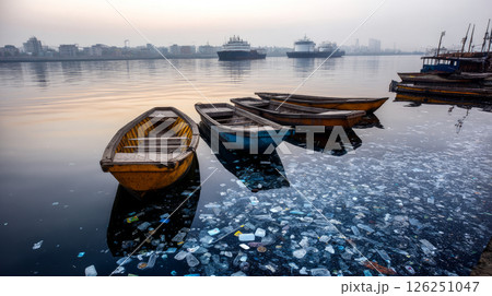 A seaport with plastic trash scattered everywhere. Plastic pollution in the ocean is an environmental issue. A global problem, a threat to ocean wildlife and calling for urgent action to protect the 126251047