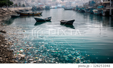A seaport with plastic trash scattered everywhere. Plastic pollution in the ocean is an environmental issue. A global problem, a threat to ocean wildlife and calling for urgent action to protect the 126251048