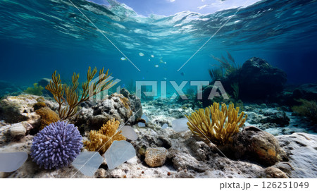 Plastic trash in the ocean. Environmental pollution. sea is covered in plastic and dead sea creatures. global problem, threat ocean wildlife and calling for urgent action to protect the environment. 126251049