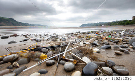 Plastic pollution of the ocean is an environmental problem. Dirty sea beach, garbage on seashore. A global problem, a threat to ocean wildlife and calling for urgent action to protect the environment. 126251050