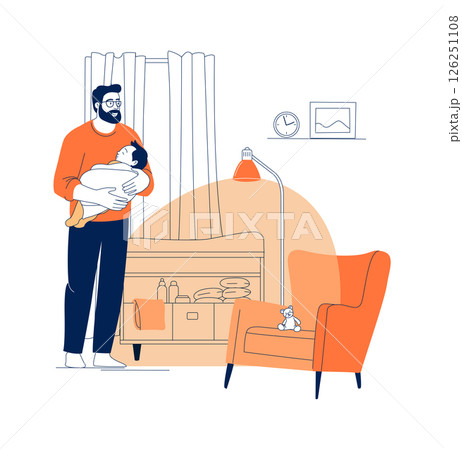 Father Holding Sleeping Baby, Newborn Care at Home Illustration 126251108