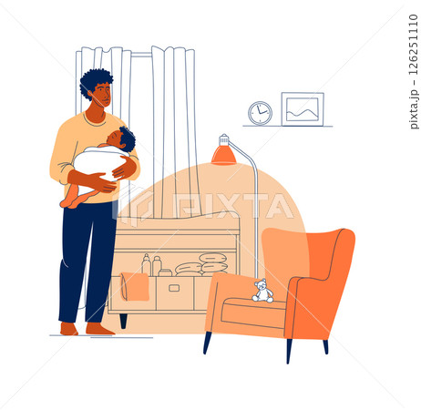 Father Holding Sleeping Baby, Newborn Care at Home Illustration 126251110