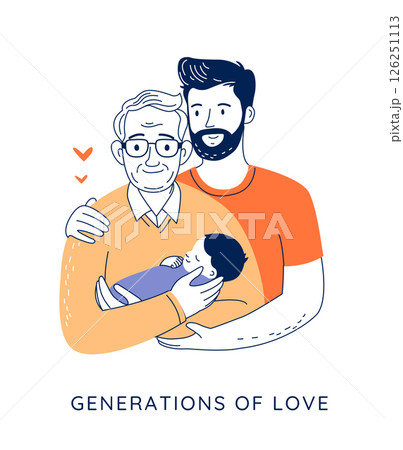 Three Generations, Grandfather, Father, and Baby Together in Vector Family Illustration 126251113