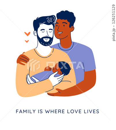 Gay Couple with Baby, Two Fathers Holding Newborn in Vector Family Illustration. 126251129