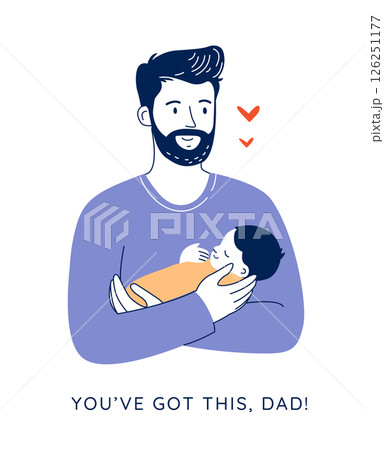 Happy Dad with Infant in Arms, Flat Line Art Parenting Concept. 126251177