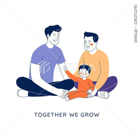 Two gay dads with their child. A loving LGBT family celebrates Fathers Day and Pride Month 126251245