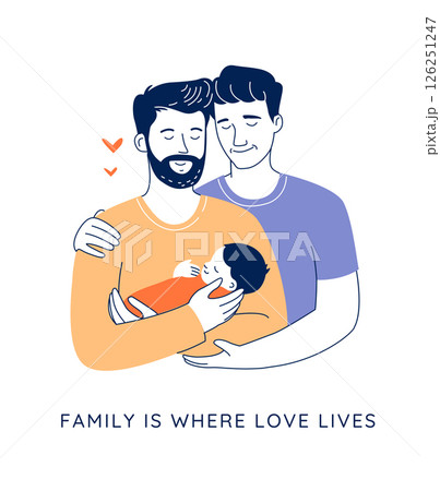 Gay Couple with Baby, Two Fathers Holding Newborn in Vector Family Illustration 126251247