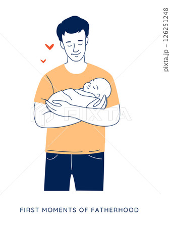 Young Father Cuddling Baby, Tender Family Moment in Minimal Vector Style 126251248