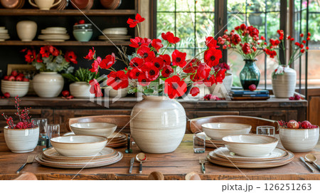 Still life served festive dinner table while Christmas lights glowing 126251263