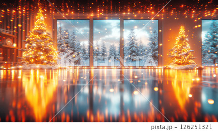 Still life served festive dinner table while Christmas lights glowing 126251321