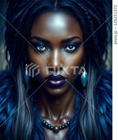 A powerful photograph of a woman with bold makeup, flowing hair, and striking accessories that convey a sense of elegance and sophistication 126251372