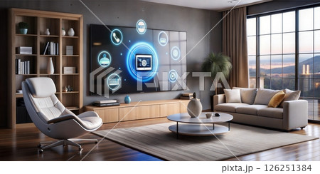 Modern Interior Featuring Neon Smart Home Icons and a Huge Wall Screen Modern Interior Featuring Neon Smart Home Icons and a Huge Wall Screen 126251384