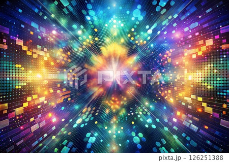 A dazzling digital image with a bright central light surrounded by a kaleidoscope of colors and shapes forming a symmetrical and balanced composition 126251388