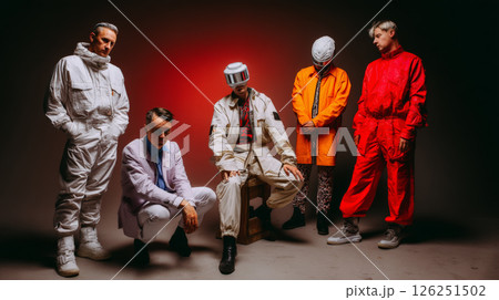 A candid, stylish portrait of a group of effortlessly cool guys that could pass for an indie rock band. Generative AI A candid, stylish portrait of a group of effortlessly cool guys that could pass for an indie rock band. Generative AI 126251502