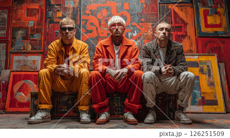 A candid, stylish portrait of a group of effortlessly cool guys that could pass for an indie rock band. Generative AI	 126251509