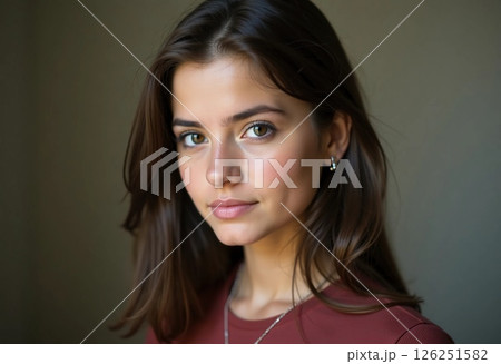 A young woman stands gracefully against a muted backdrop, her long hair cascading around her shoulders. Her expressive eyes and soft smile convey warmth Generative AI 126251582