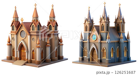 Two stylized churches with spire towers, european gothic and minimalist architecture, white facade and detailed windows, isolated on transparent background 126251687