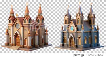 Two stylized churches with spire towers, european gothic and minimalist architecture, white facade and detailed windows, isolated on transparent background 126251687