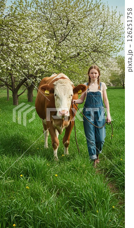 Springtime stroll with a cow amidst blossoming orchard Springtime stroll with a cow amidst blossoming orchard 126251758