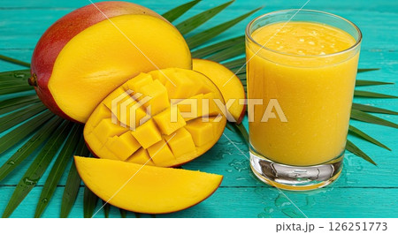 Refreshing tropical mango juice with fresh cut mango on a vibrant turquoise background 126251773