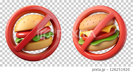 Fast food prohibition sign with burger crossed out, promoting healthy eating, 3d illustration, concept of diet awareness and wellness lifestyle 126251920