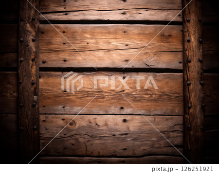 Natural Wooden Planks With Rustic Nails Creating a Warm and Inviting Texture in a Dimly Lit Space 126251921