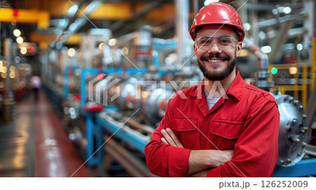 portrait of a smiling man in work clothes and a hard hat. He is a lumberjack 126252009