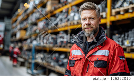 portrait of a smiling man in work clothes and a hard hat. He is a lumberjack 126252010